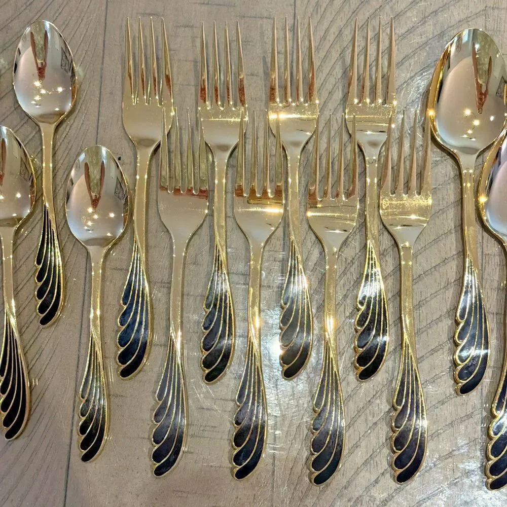 vtg Ranmaru Wave Golden silverware flatware cutlery Black gold knife spoon Fork